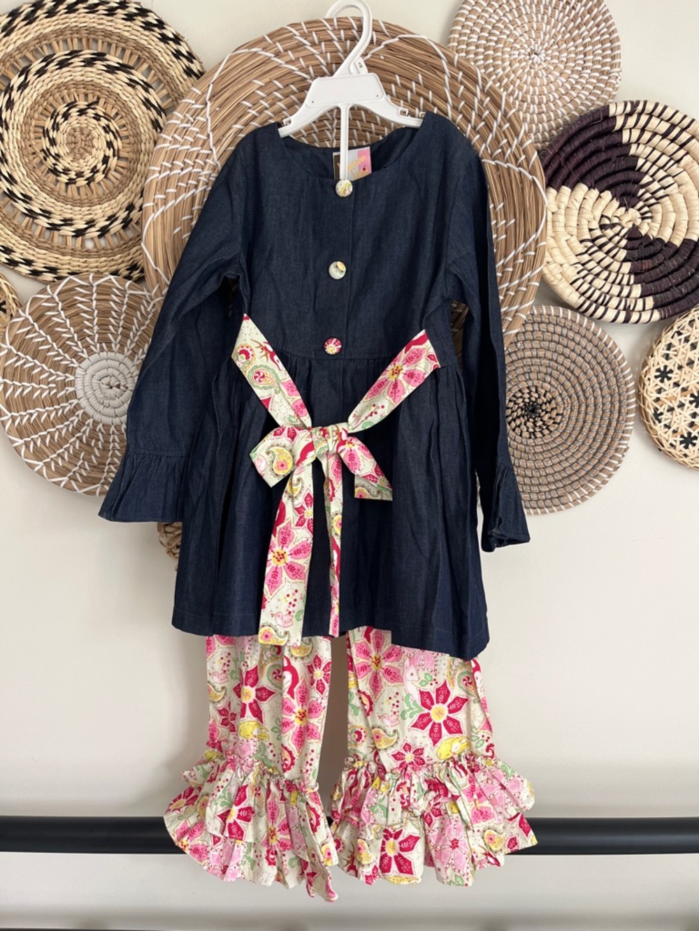 Banana Split - NWT Girls Denim Tunic & Pink Floral Ruffle Pants Matching Set